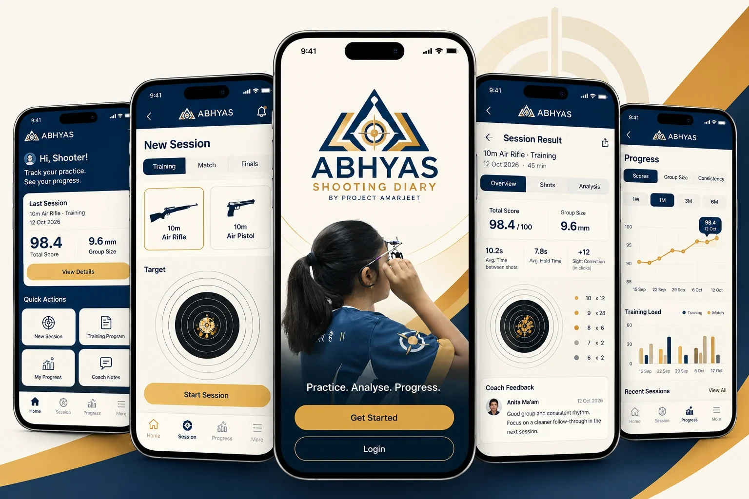 Abhyas Shooting Diary app mockup showing dashboard, session logging, session results and progress screens